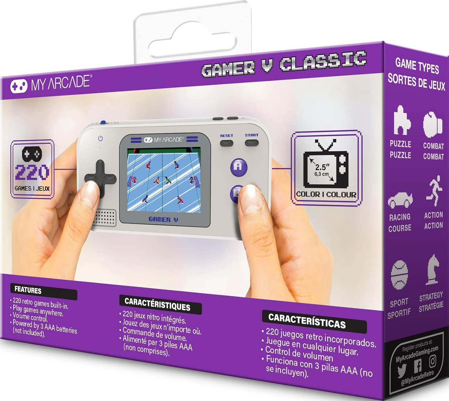 Boîte avec une console de jeu portable. L'écran affiche un jeu de football rétro. Des accents violets mettent en valeur le nom et les caractéristiques du produit.