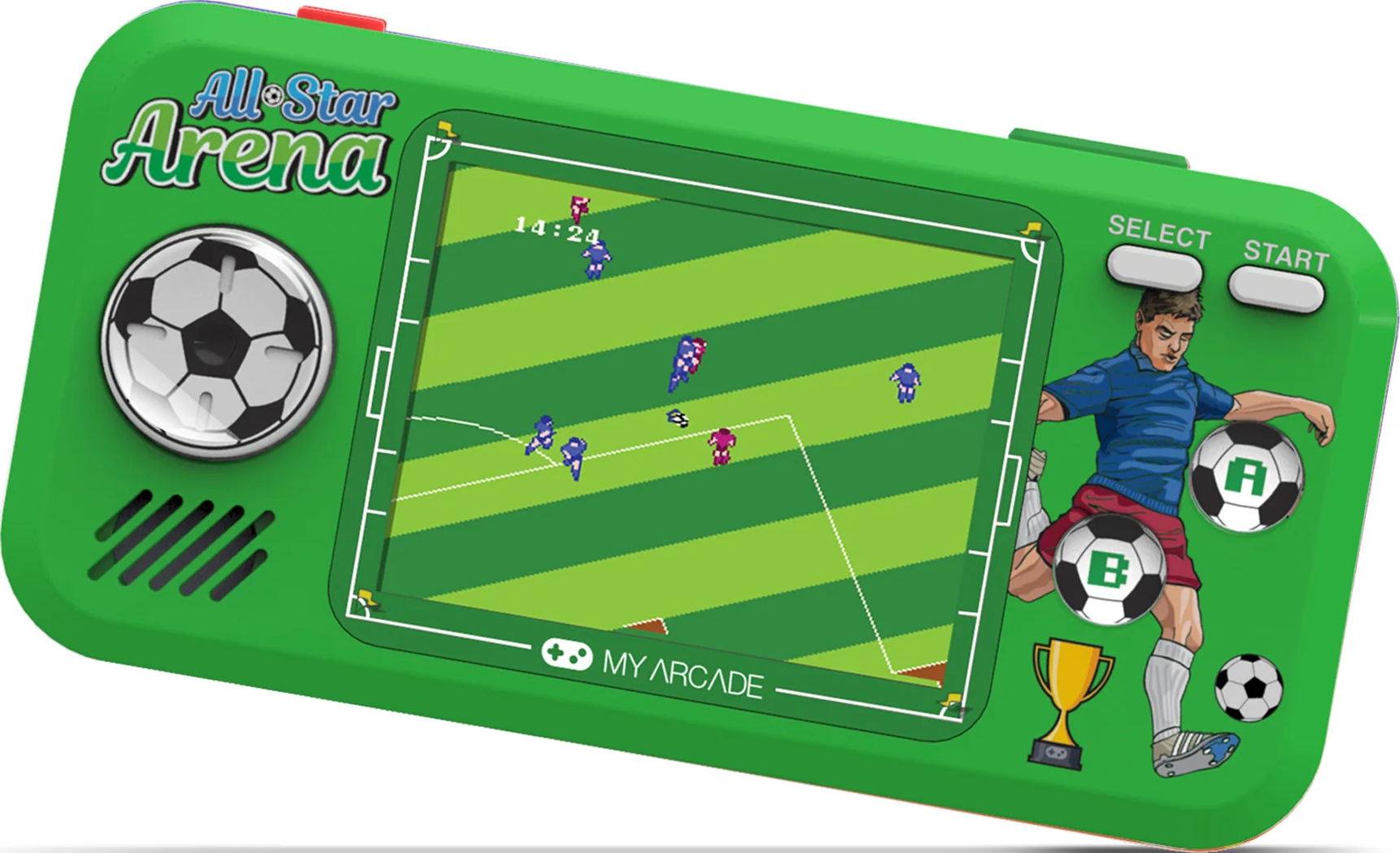 Console portable verte avec un jeu de football à l'écran. Un graphisme de joueur est à droite. Un ballon de foot et un trophée sont aussi visibles.