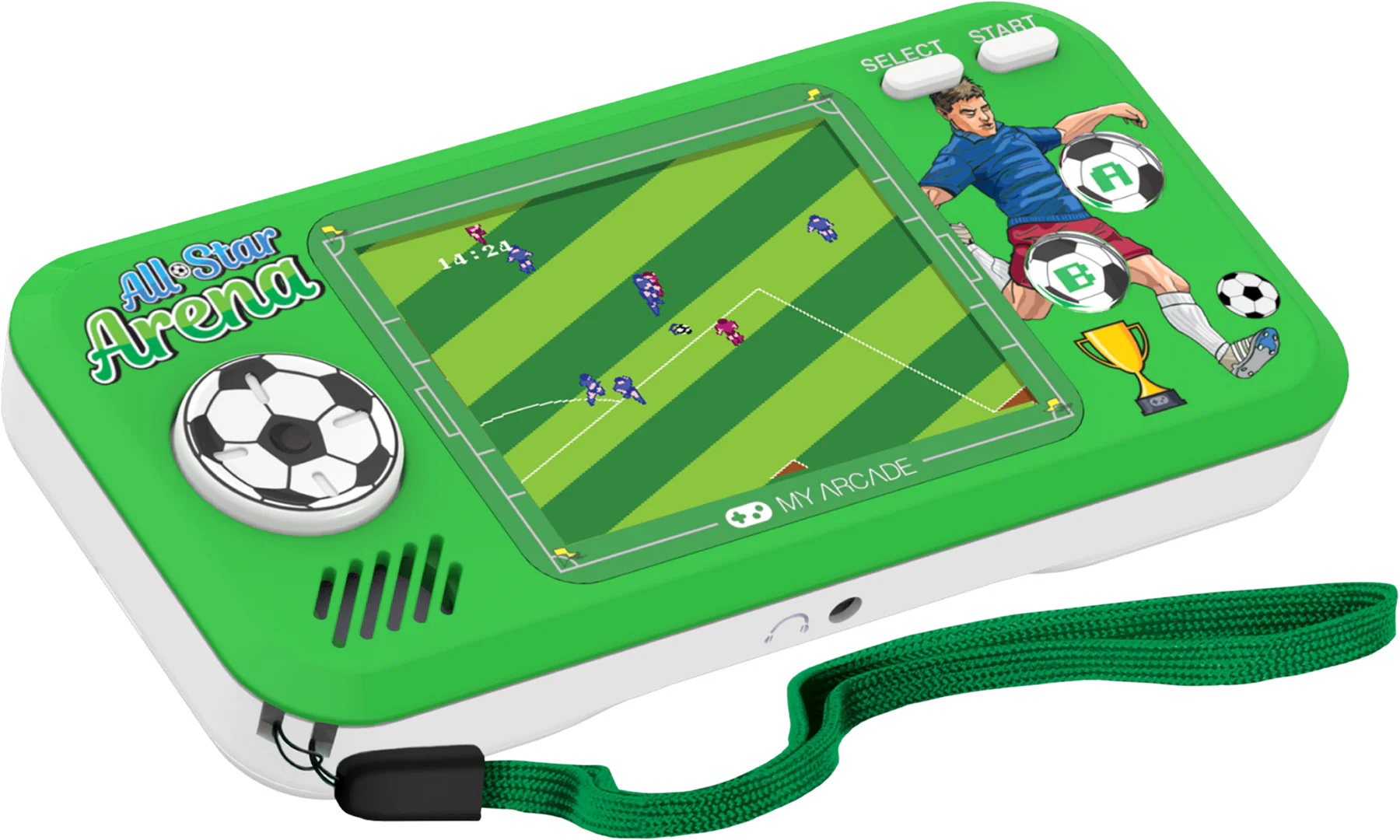 Console de jeu portable verte sur le thème du football. L'écran affiche un match de football. Comporte un graphisme de joueur de football et les mots All-Star Arena.