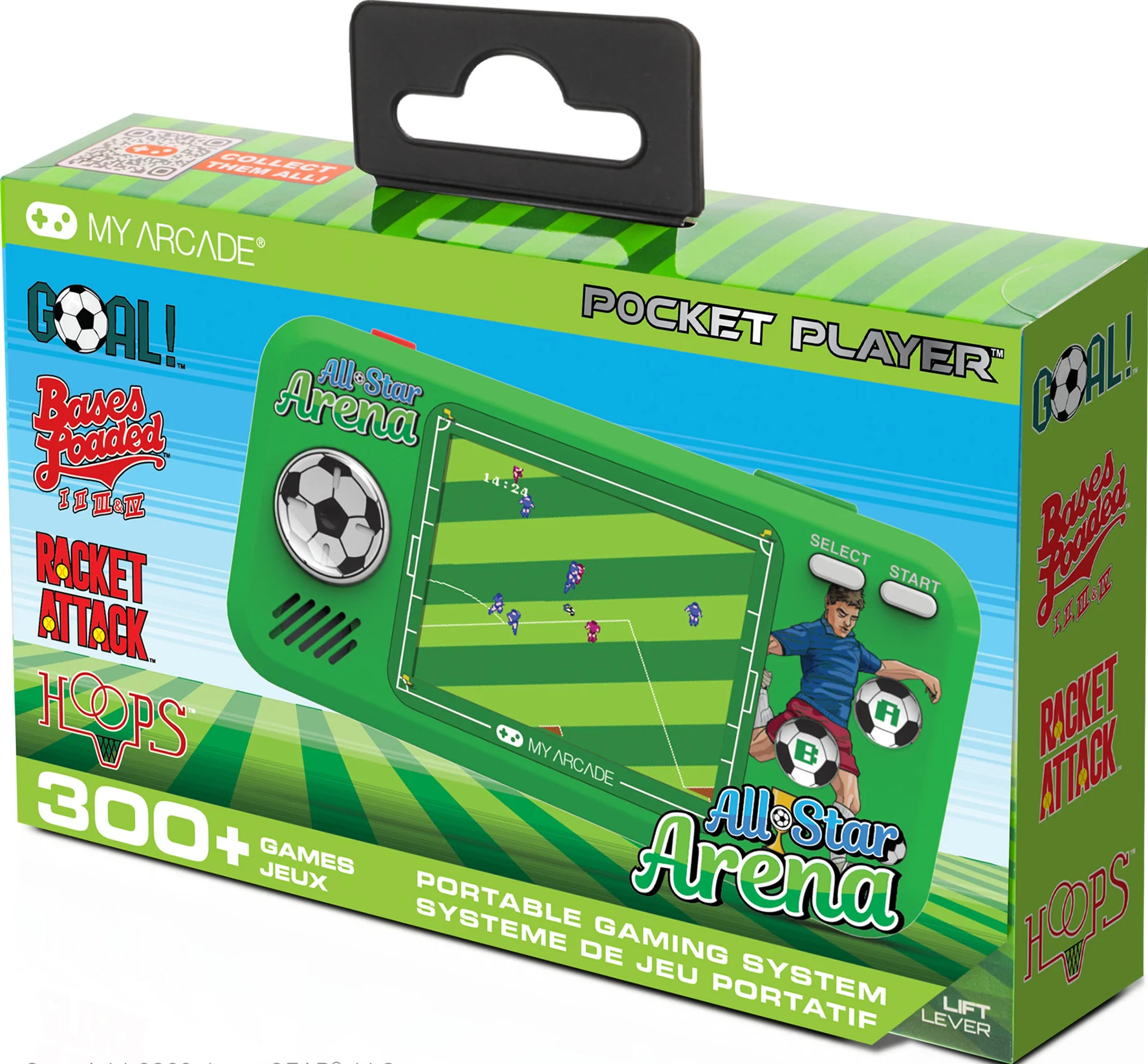 Une boîte verte de console de jeu portable avec un jeu de football. La boîte comporte des titres de jeux comme 'Goal' et 'All-Star Arena'.