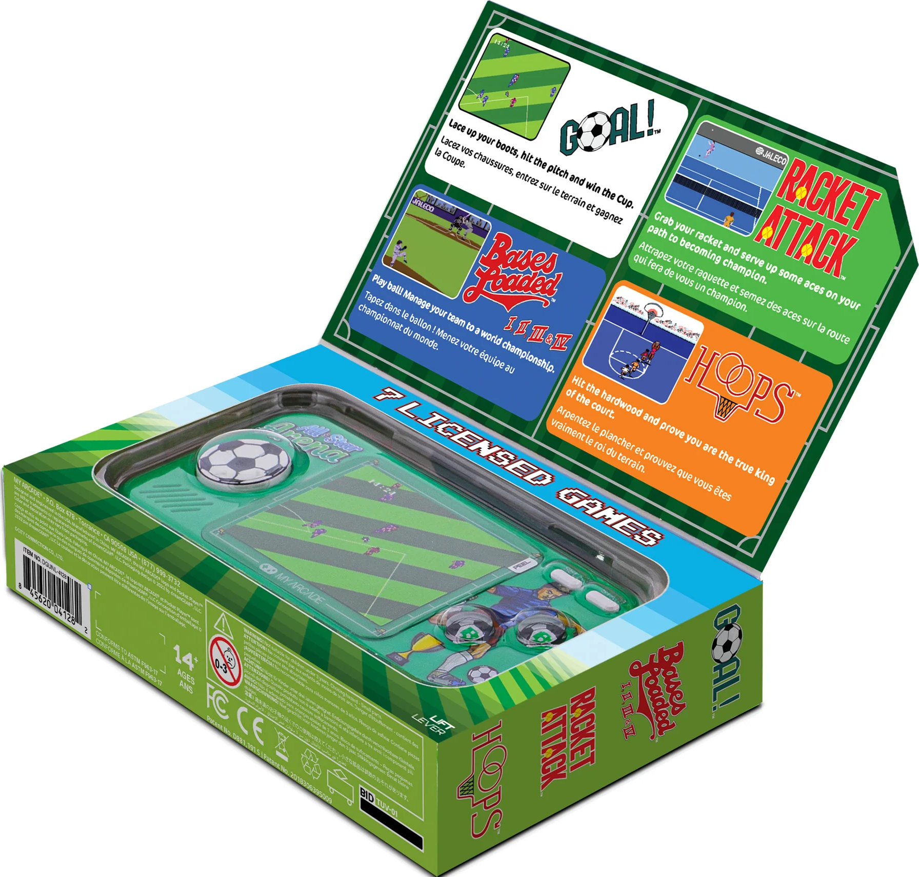 Jeu en boîte avec images de terrain de foot, terrain de basket et de tennis.
