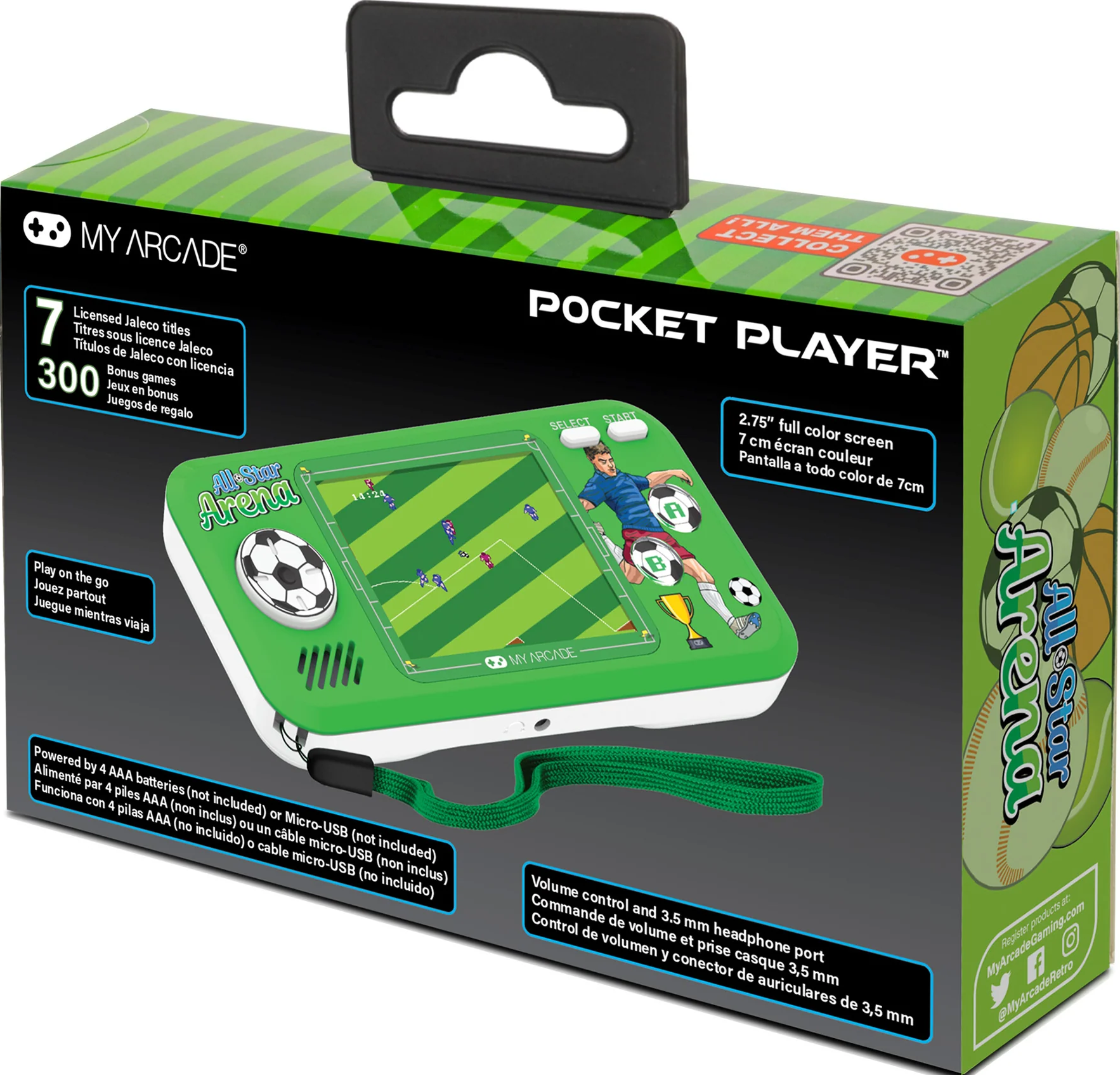 Boîte avec une console de jeu portable verte affichant un jeu de football. Inclut du texte sur le jeu et ses fonctionnalités.