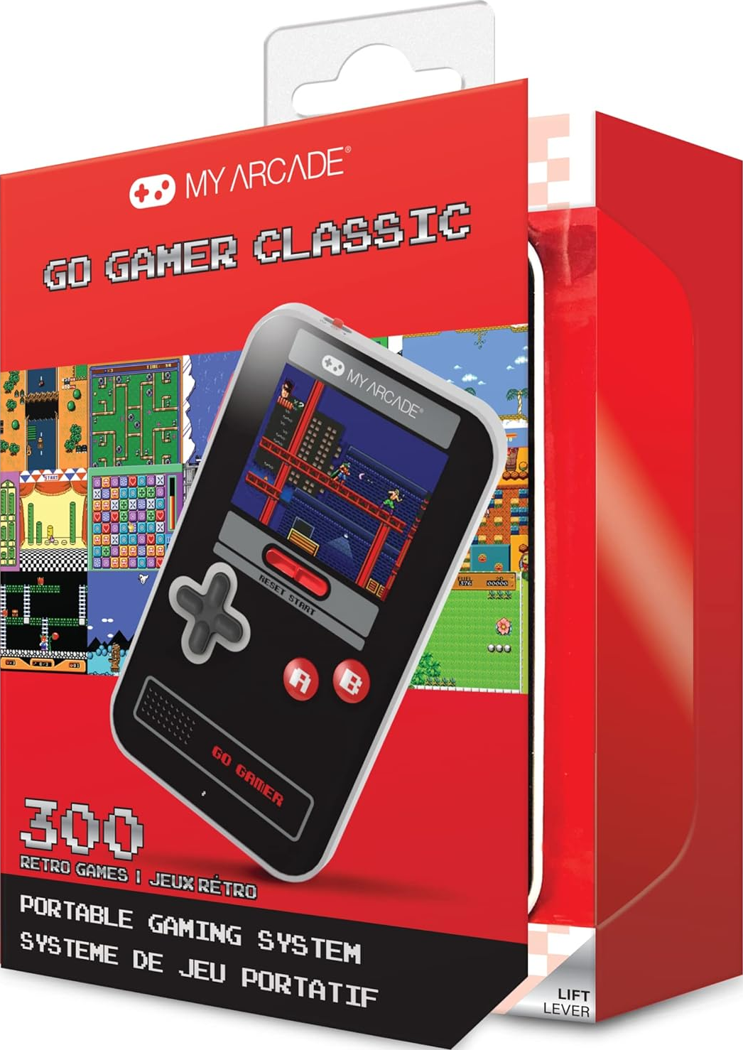 Une boîte rouge avec une console de jeu Go Gamer Classic. La console affiche un jeu rétro. Le texte dit "300 jeux rétro".