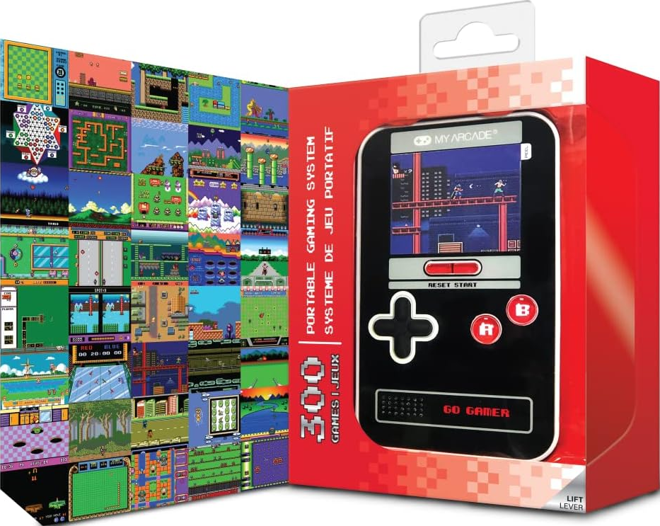 Une boîte rouge et noire montre un système de jeu portable avec un écran affichant un jeu, et une collection d'autres captures d'écran de jeu.