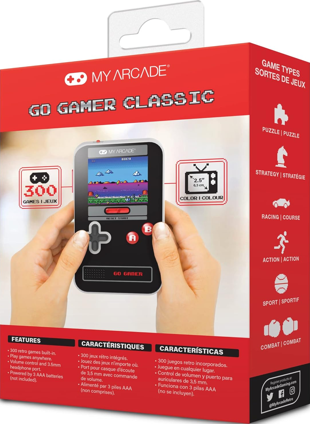 Une personne tient une console de jeu Go Gamer Classic. La boîte liste les types de jeux et les fonctionnalités.