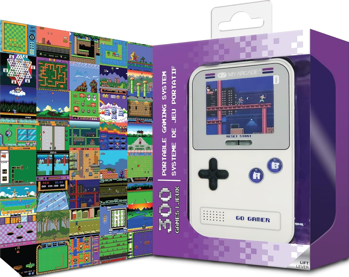 Une console de jeu portable dans son emballage. La boîte montre des écrans de jeu, et la console a un écran, des boutons et une croix directionnelle.