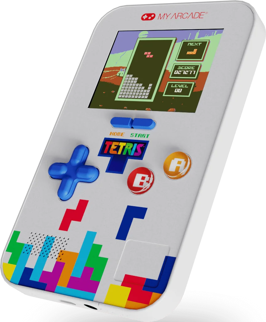 Une console de jeu portable Tetris My Arcade blanche. L'écran affiche un jeu Tetris. Elle possède des boutons et une croix directionnelle.