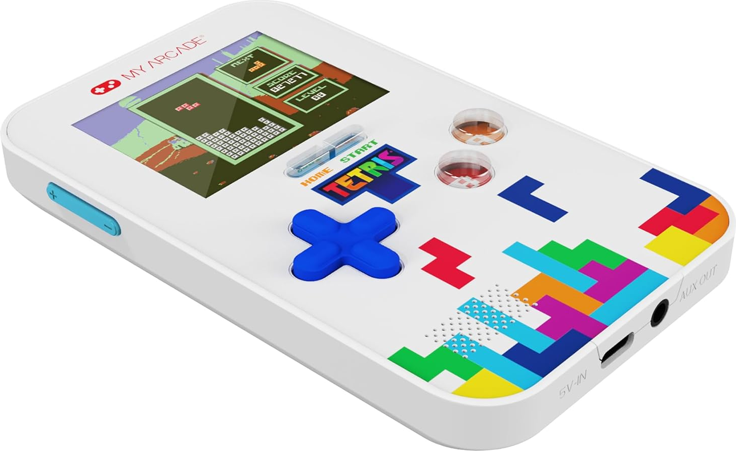 Console portable Tetris blanche. Écran affichant le jeu, boutons et motifs de blocs Tetris colorés.