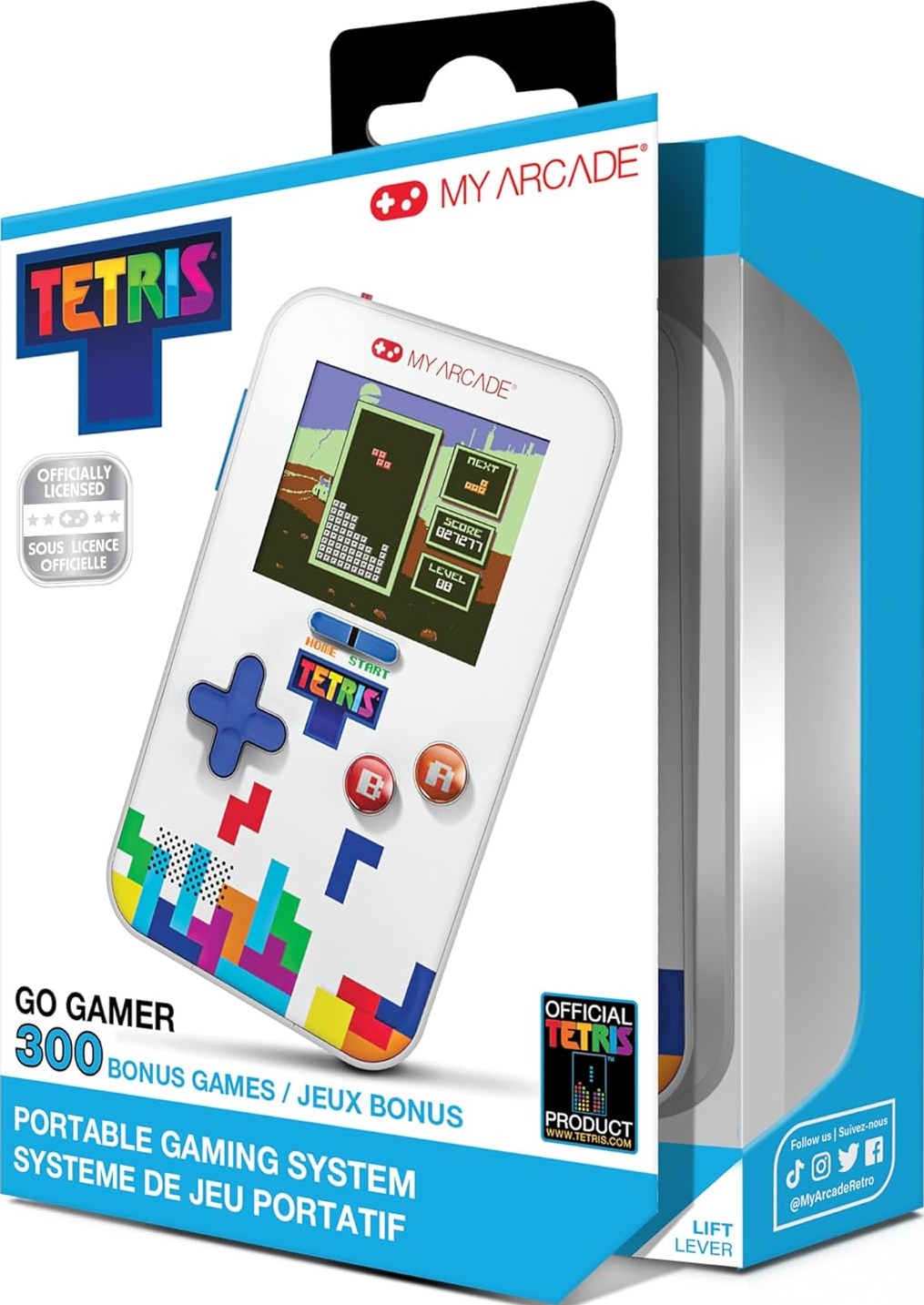 Une console de jeu portable Tetris dans son emballage. Le jeu est à l'écran. L'emballage porte le logo et le nom du produit.