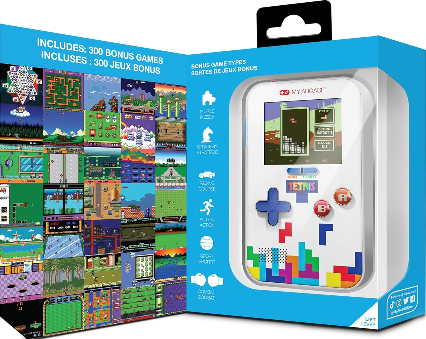 Une console portable My Arcade Tetris en boîte. La boîte montre des écrans de jeu, un gros plan de l'appareil et les types de jeu.