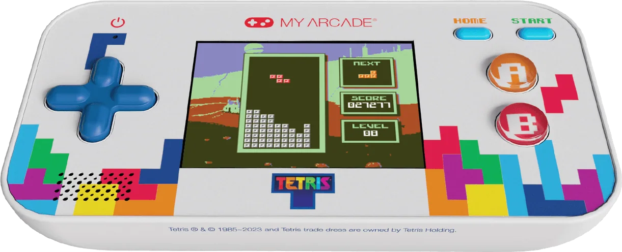 Une console de jeu portable affichant le gameplay de Tetris. Elle possède un pavé directionnel, des boutons et un écran.