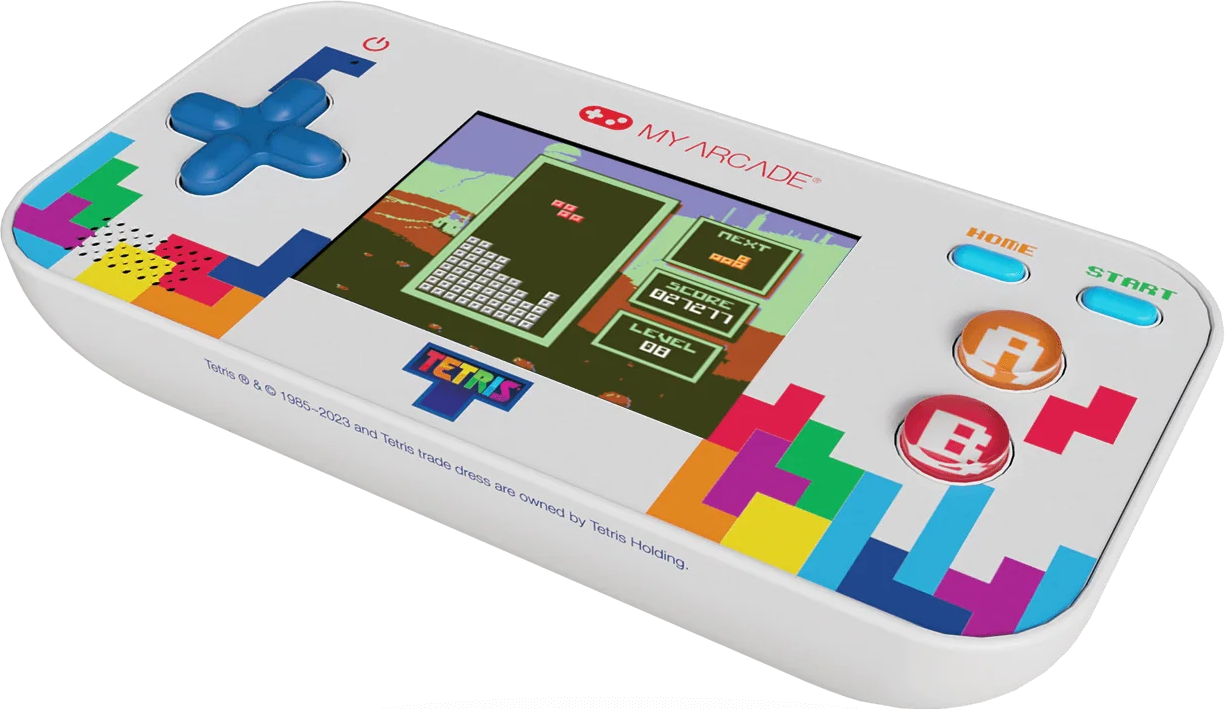 Une console de jeu portable Tetris blanche avec un écran affichant le gameplay. Elle a des boutons et des graphiques colorés.