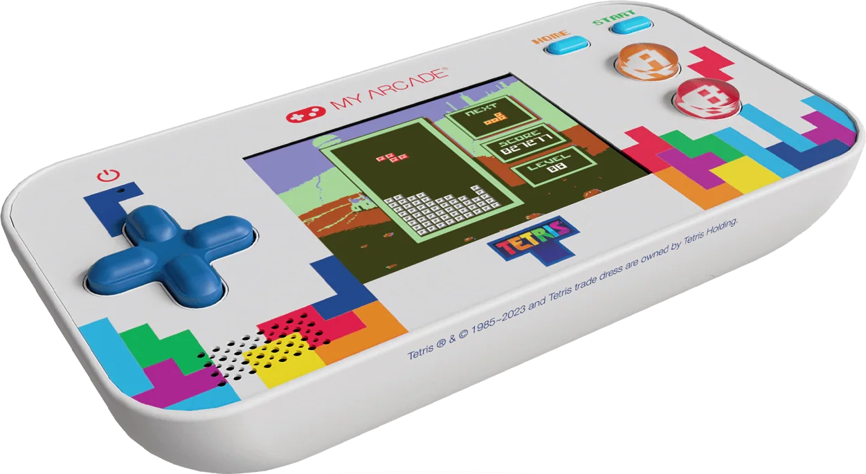 Une console de jeu portable My Arcade Tetris blanche est montrée. Elle a un écran affichant le gameplay de Tetris, des boutons et un pavé directionnel.