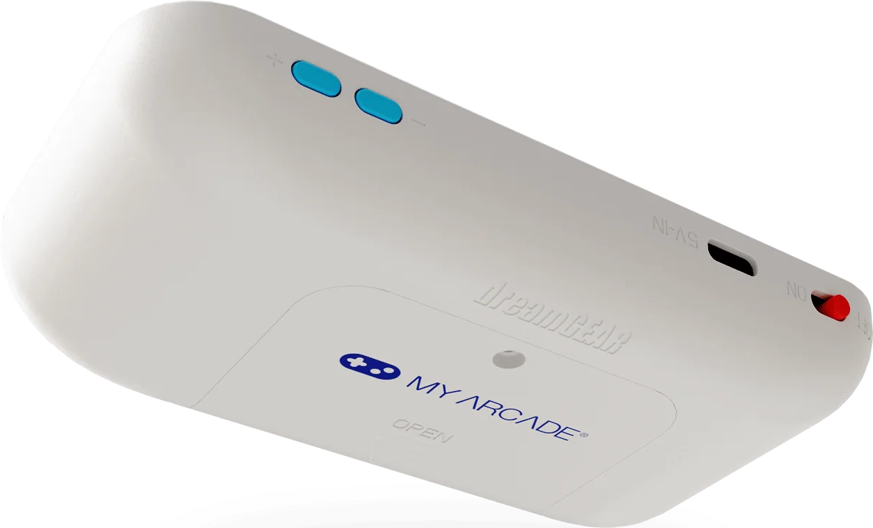 Un appareil blanc Dreamcast My Arcade avec des boutons bleus, un interrupteur rouge et un logo. L'appareil a un design incurvé.