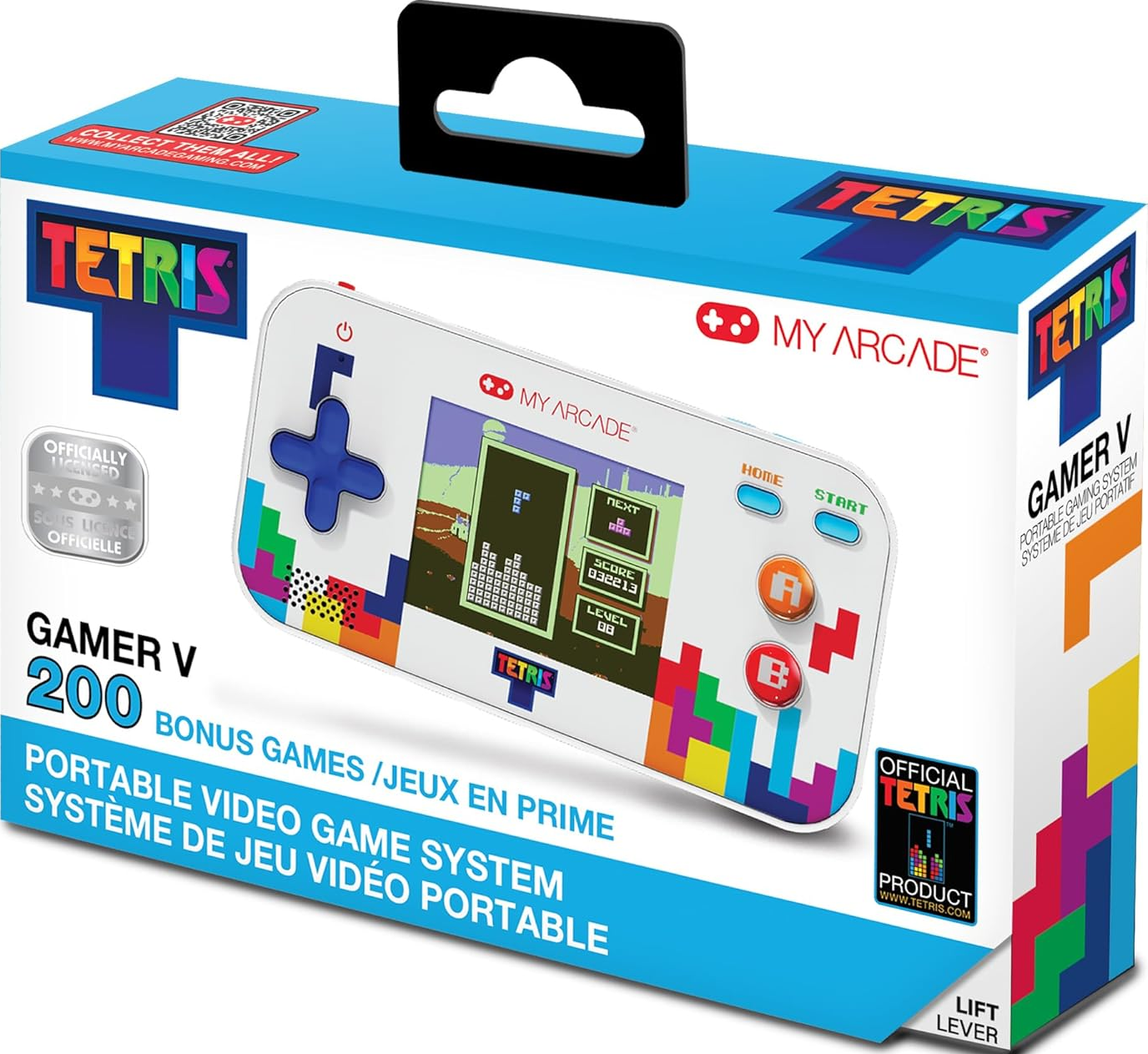 Une boîte Tetris Gamer V. L'appareil portable blanc affiche un jeu Tetris. La boîte est bleue et blanche, avec la marque Tetris.