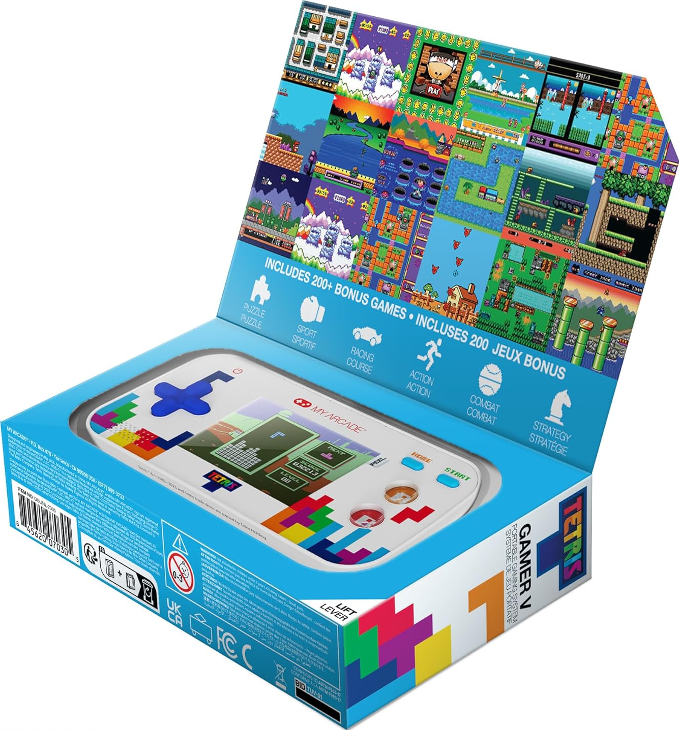 My Arcade Tetris Gamer V en boîte. Comprend des jeux bonus, une console portable et des blocs Tetris colorés.