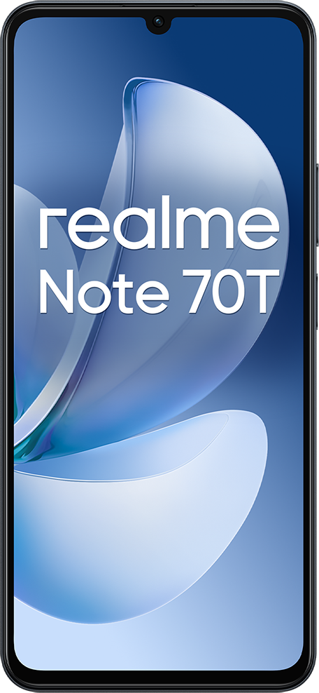 Egy okostelefon kék-fehér dizájnnal. A telefonon fehér szöveggel a "realme Note 70T" felirat látható. A háttér hullámos.