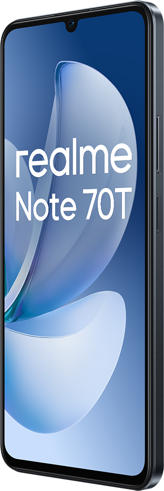 Egy okostelefon a "realme Note 70T" szöveggel a képernyőn. A telefon többnyire fekete és kék.