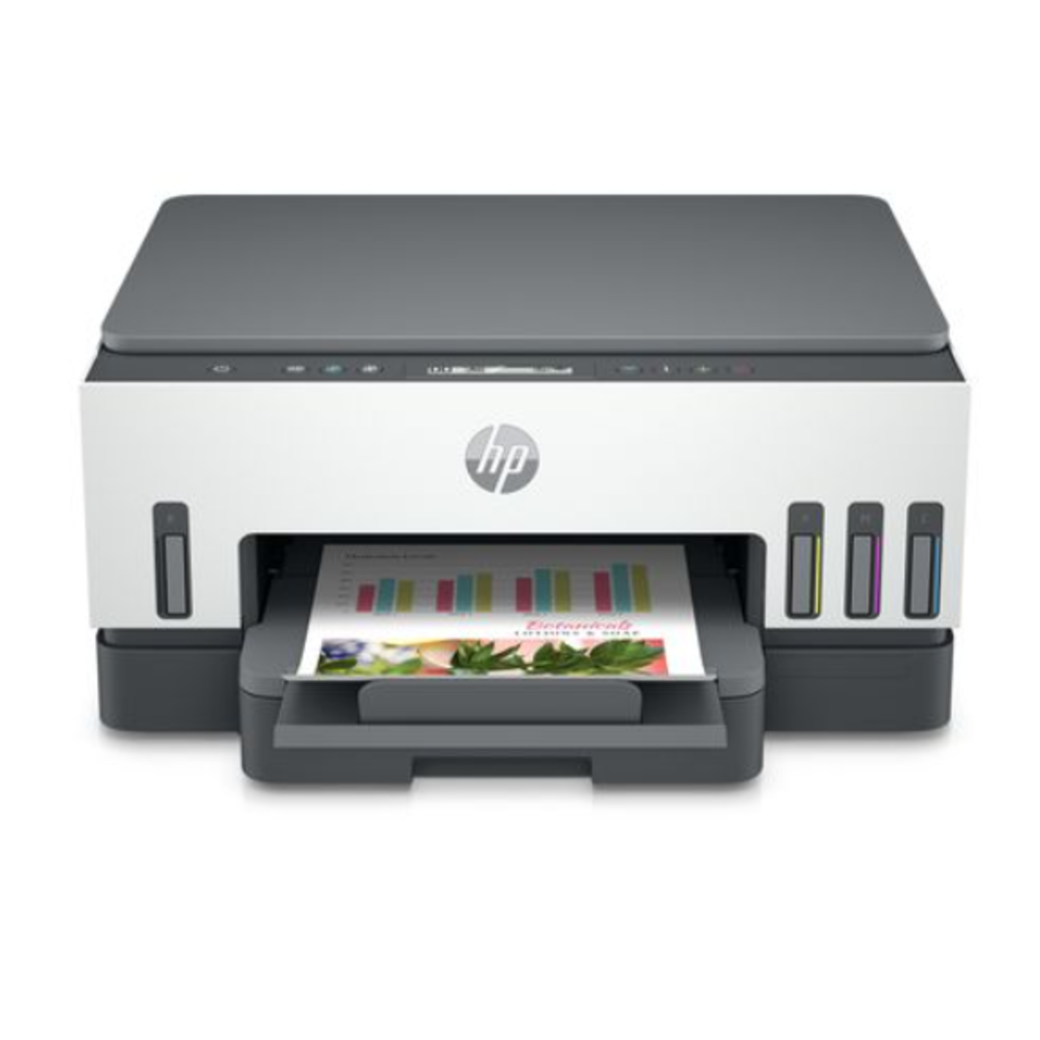Witte en grijze HP-printer met papieruitvoer. Een bedrukte pagina met een grafiek en inktcartridges zijn zichtbaar. HP-logo aan de voorkant.