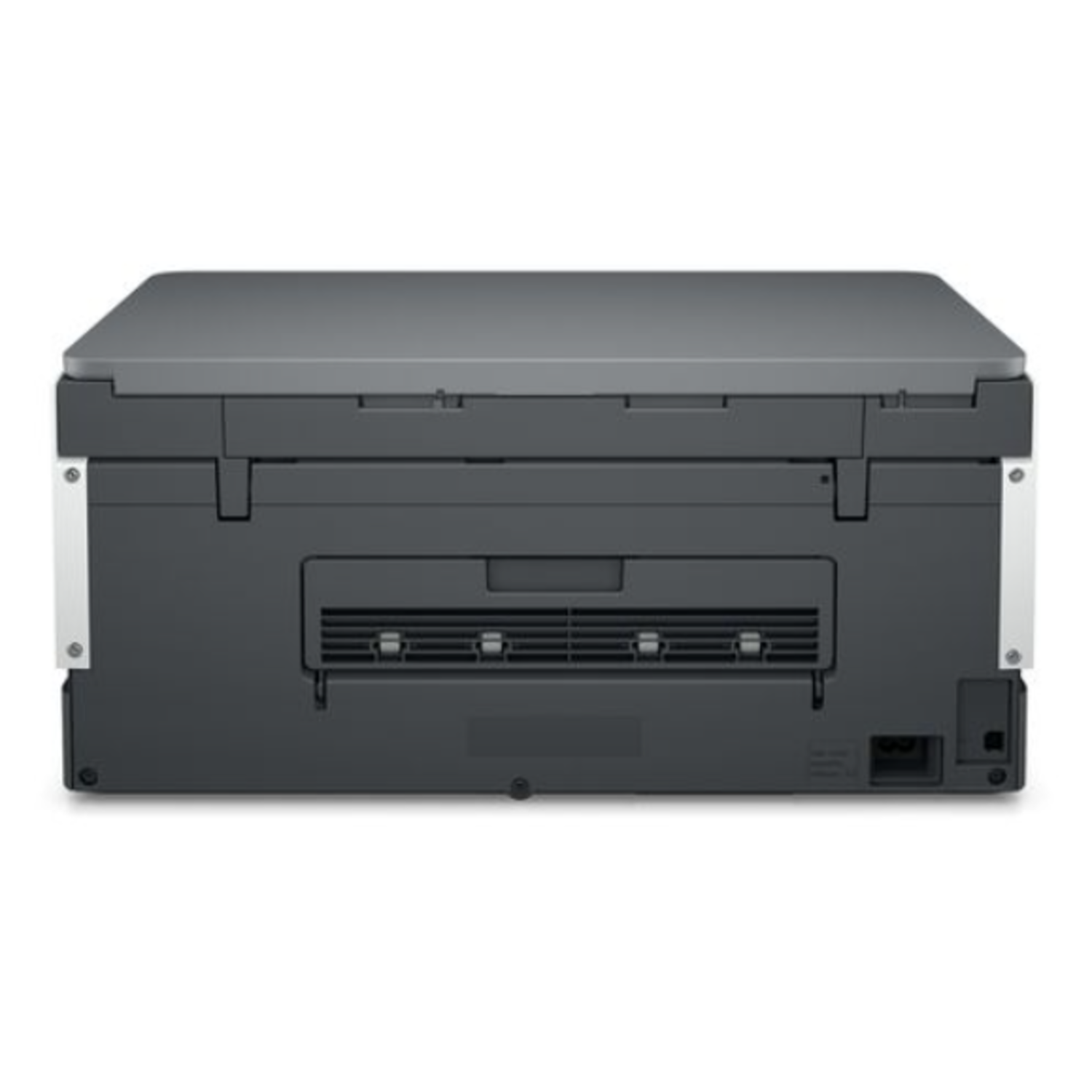 Achteraanzicht van een printer. Het is grijs en zwart met witte accenten. Er zijn ventilatieopeningen en voedingsingangen zichtbaar.
