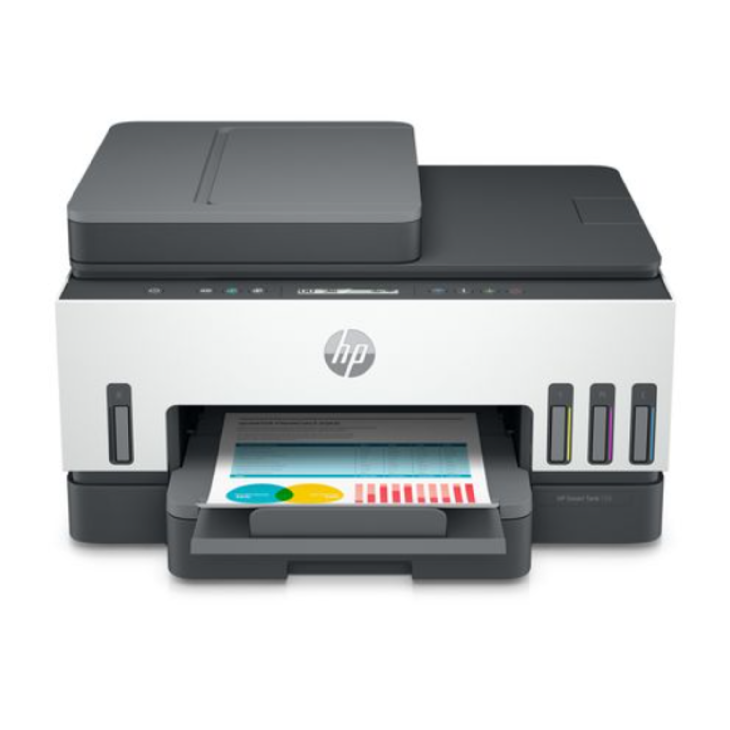 A white and gray HP printer is shown. It has a paper tray with a printed document. Ink tanks and the HP logo are visible.