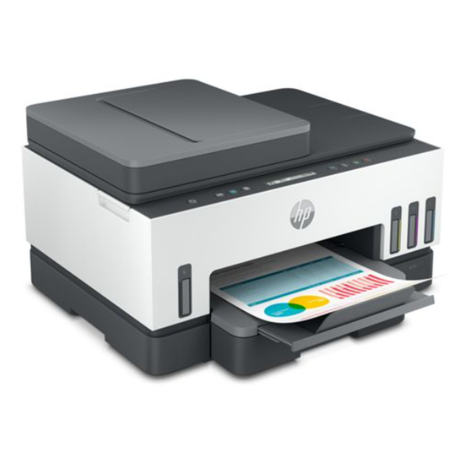 An HP printer is shown, printing a document with colorful charts and graphs. The printer is white and gray.