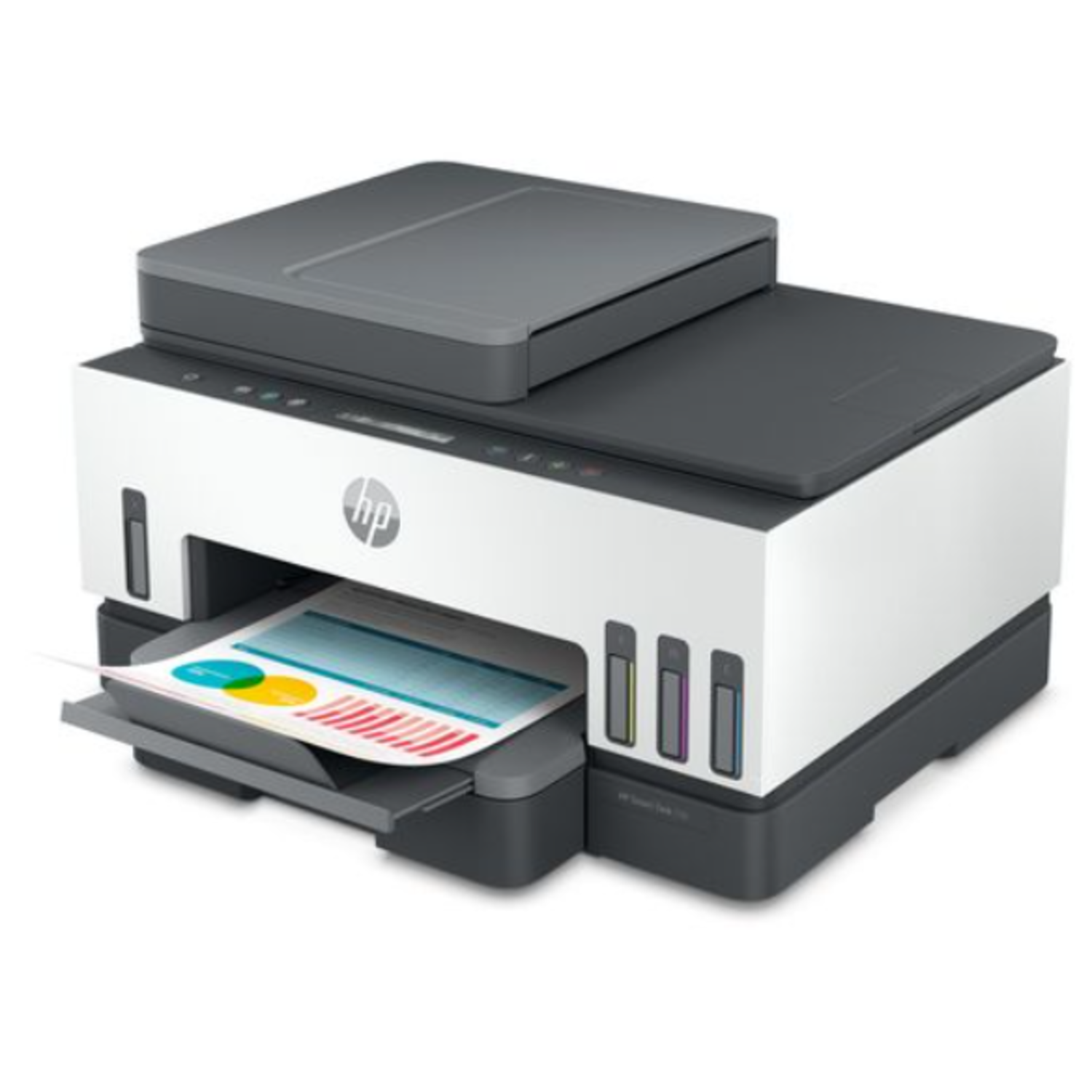 A white and gray HP printer with a paper tray holding a printed document. The printer has three ink tanks, and the HP logo is visible.