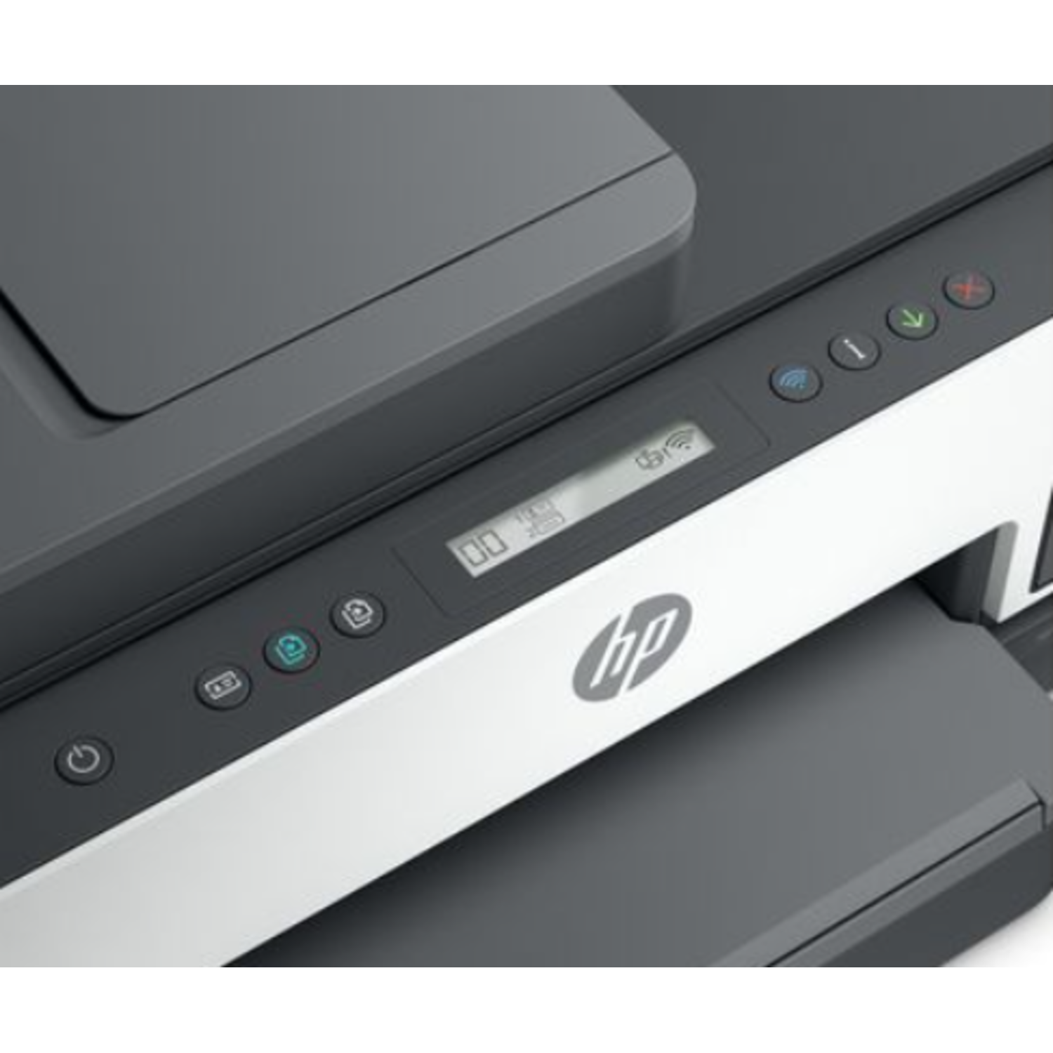 An HP printer is shown. It is mostly gray and white. The control panel has several buttons and a display showing numbers.