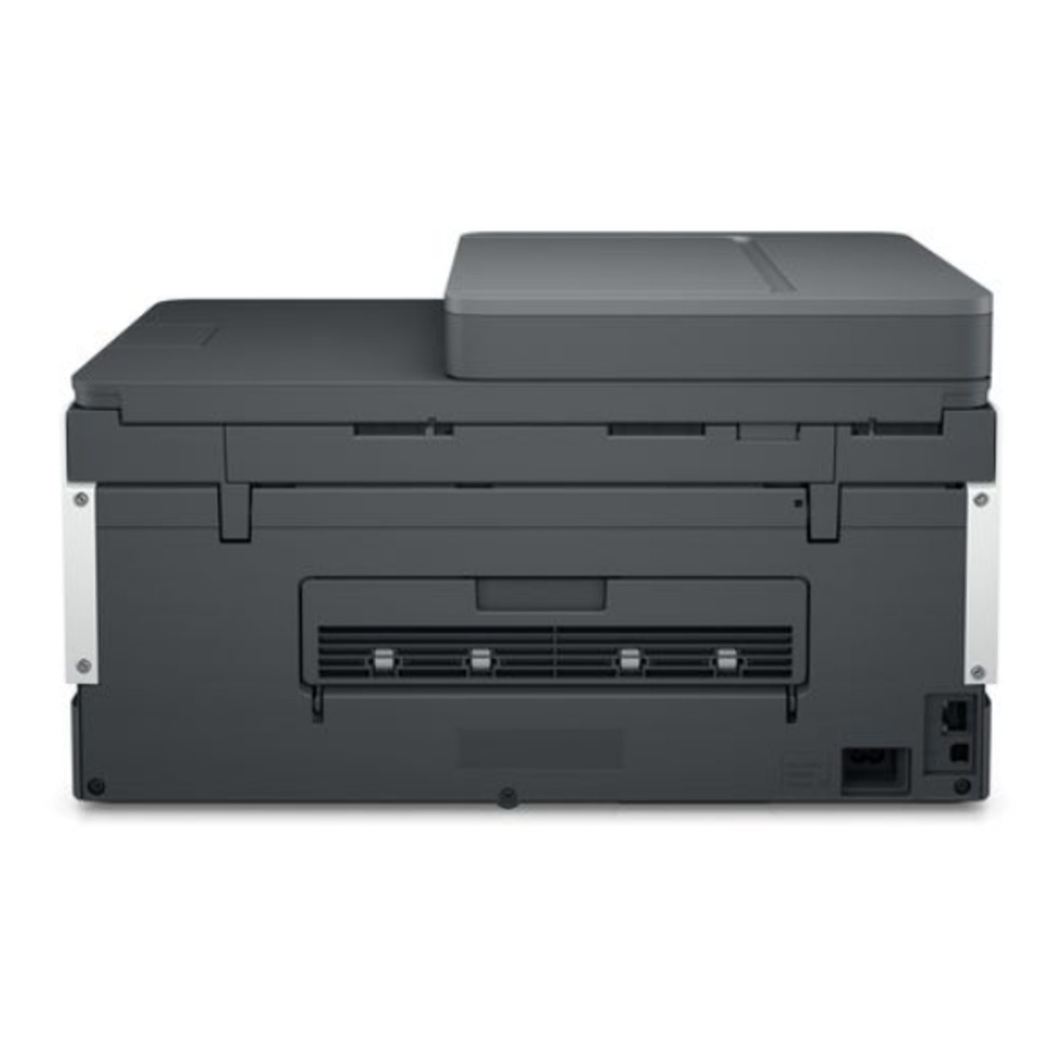 Rear view of a gray and black printer. It has a flat top, a paper output slot, and various connection ports.