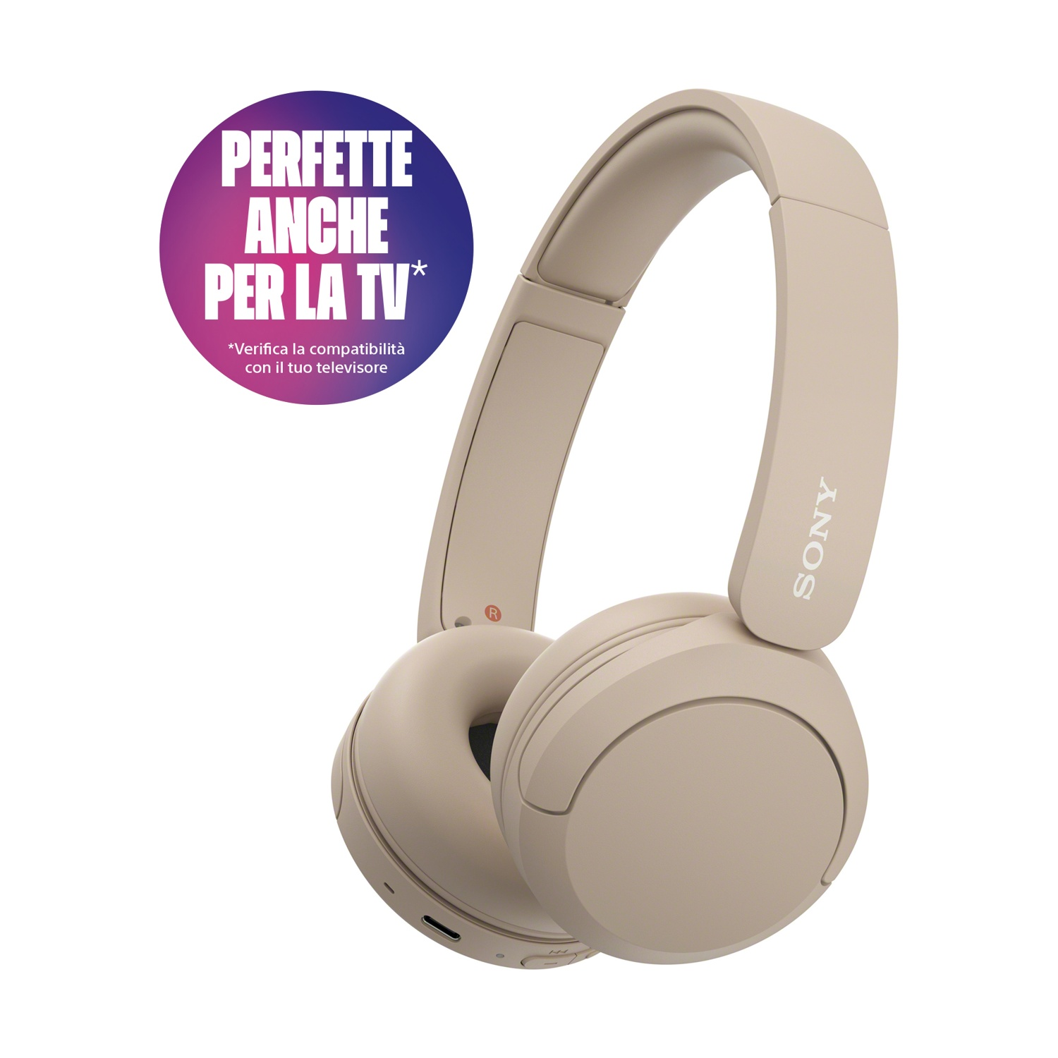 Cuffie Sony beige su sfondo bianco, con un cerchio viola e blu che dice 'Perfetto per la TV'.