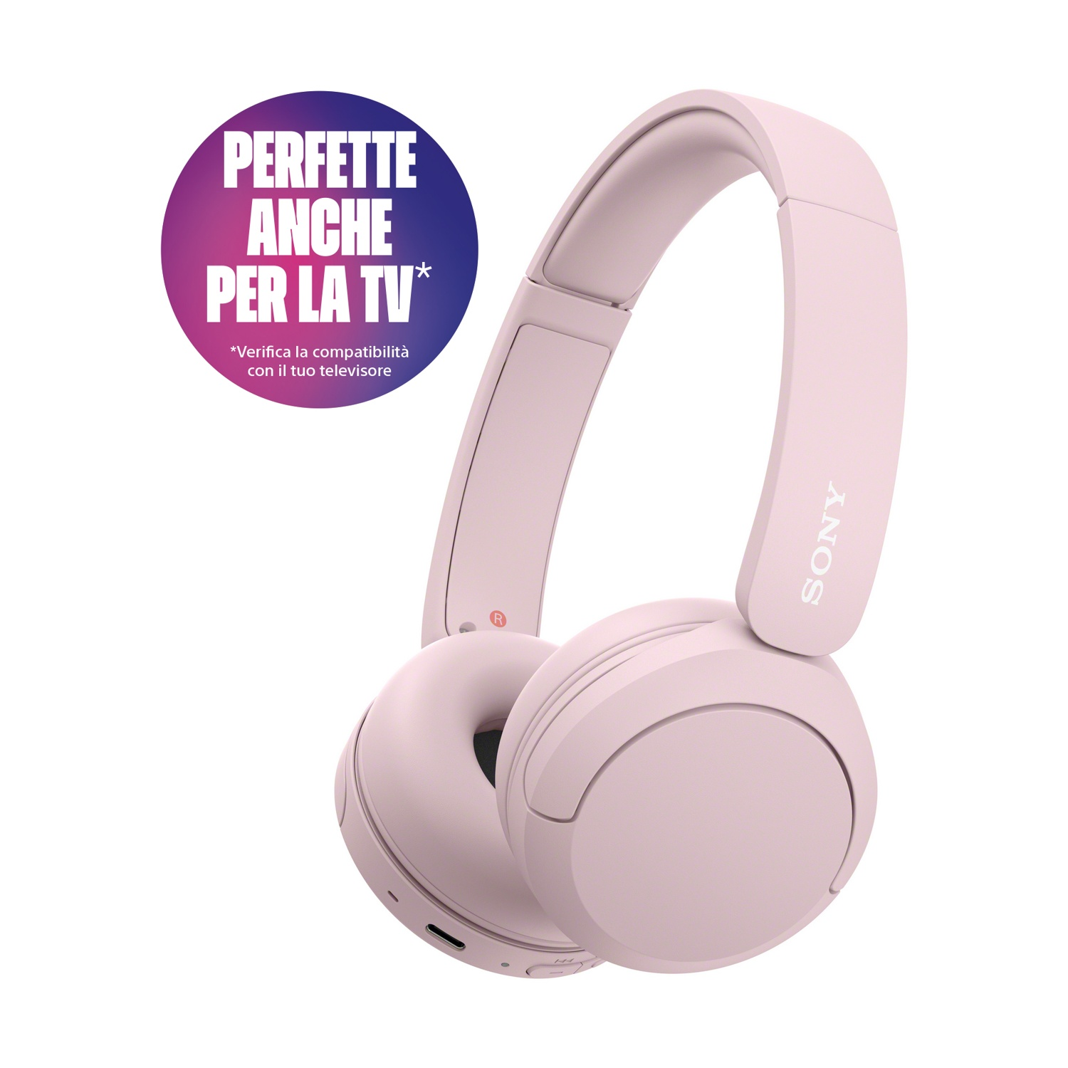 Cuffie Sony rosa su sfondo bianco. Un cerchio viola indica la compatibilità TV. La parola "SONY" è visibile.