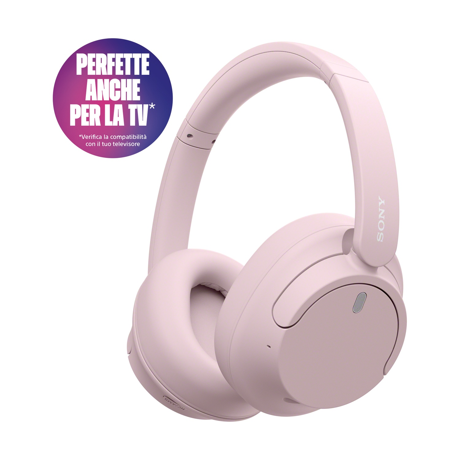 Cuffie Sony rosa con una bolla di testo circolare che dice 'PERFETTE ANCHE PER LA TV'.