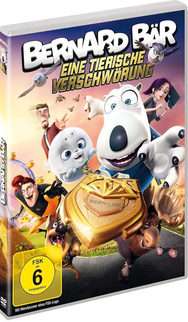 DVD-Cover für "Bernard Bear". Zeigt Zeichentricktiere, ein goldenes Schild und den Titel auf Deutsch. Enthält ein Bewertungsetikett.