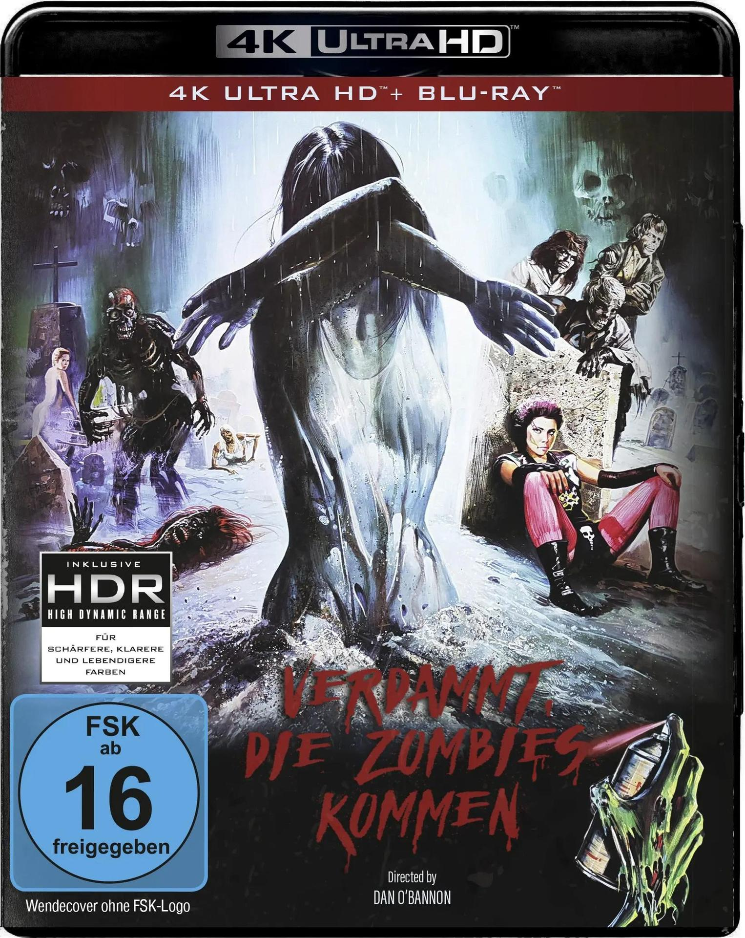 Filmcover mit Zombies und einer Frau. Text: 4K Ultra HD, HDR, FSK 16. Titel: Die Zombies Kommen.