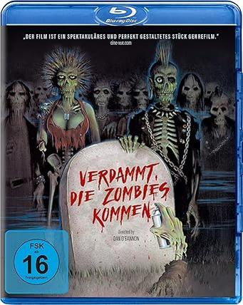 Blu-ray-Cover mit Zombies. Ein Zombie hält einen Grabstein mit Text. Der Hintergrund zeigt mehr Zombies, blauer Rahmen und Logo.