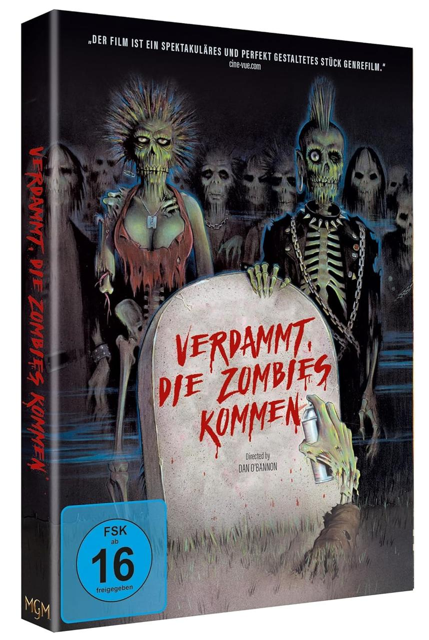 Filmcover. Zombies im Vordergrund, Grab. Text 'Verdammt, Die Zombies Kommen'. Dunkler Hintergrund mit weiteren Zombies.