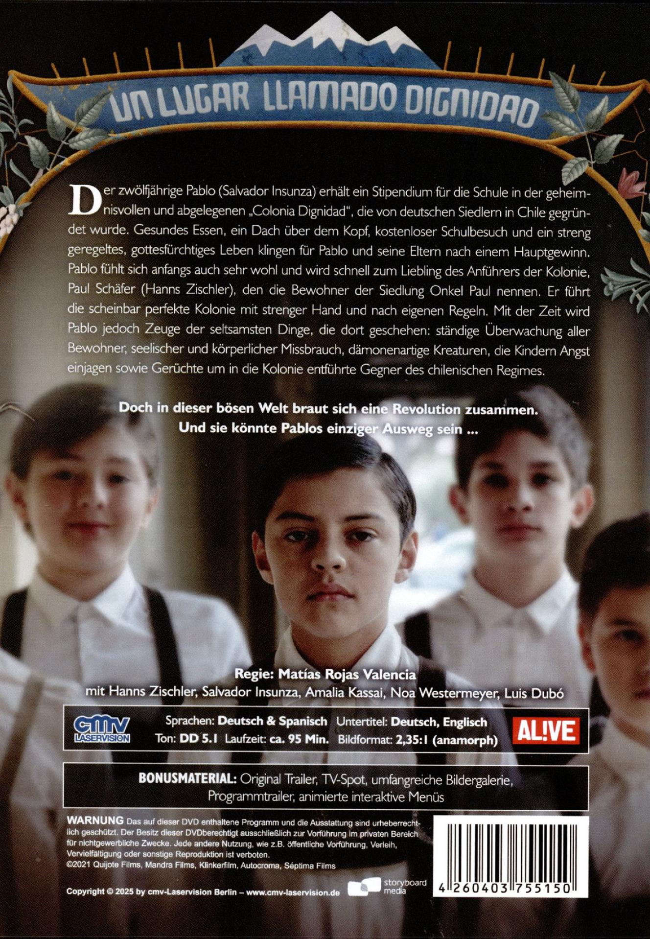 Filmposter mit jungen Jungen. Spanischer Text: Ein Ort namens Würde. Credits und DVD-Infos unten.