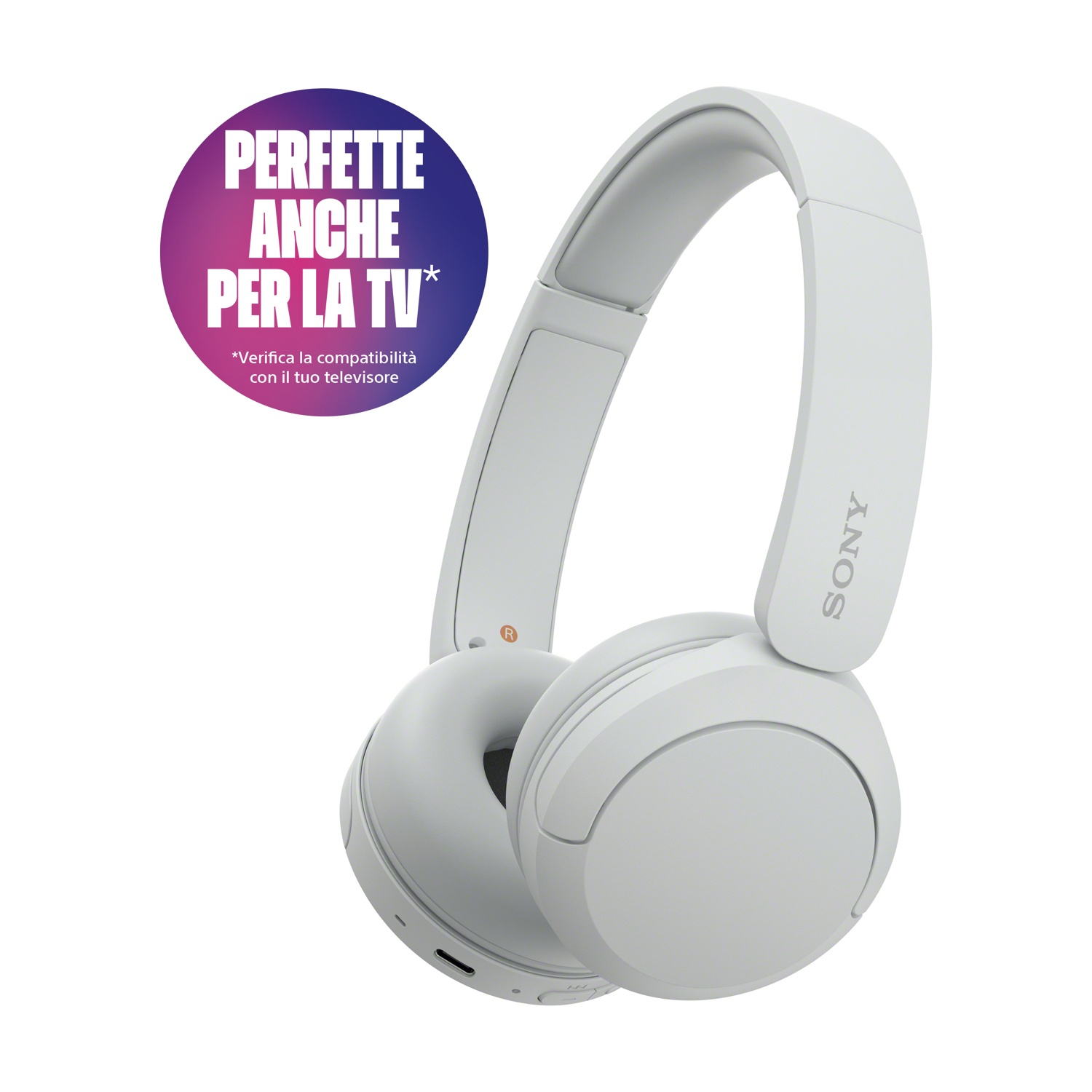Cuffie Sony bianche con un'etichetta circolare con scritto 'PERFETTE ANCHE PER LA TV' a sinistra. Il marchio 'SONY' è visibile.
