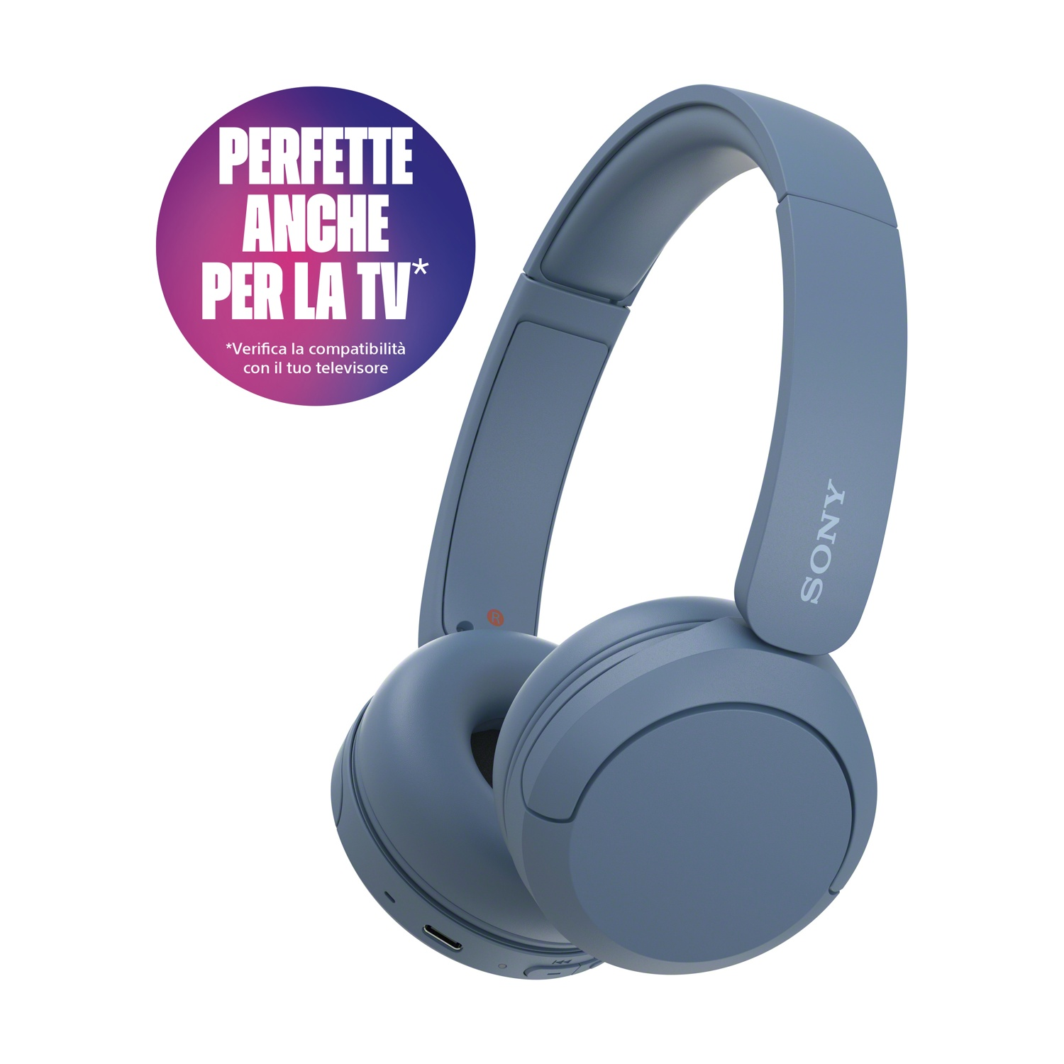Cuffie Sony blu con archetto, padiglioni e logo. Un fumetto recita 'PERFETTE ANCHE PER LA TV' con una nota sulla compatibilità.