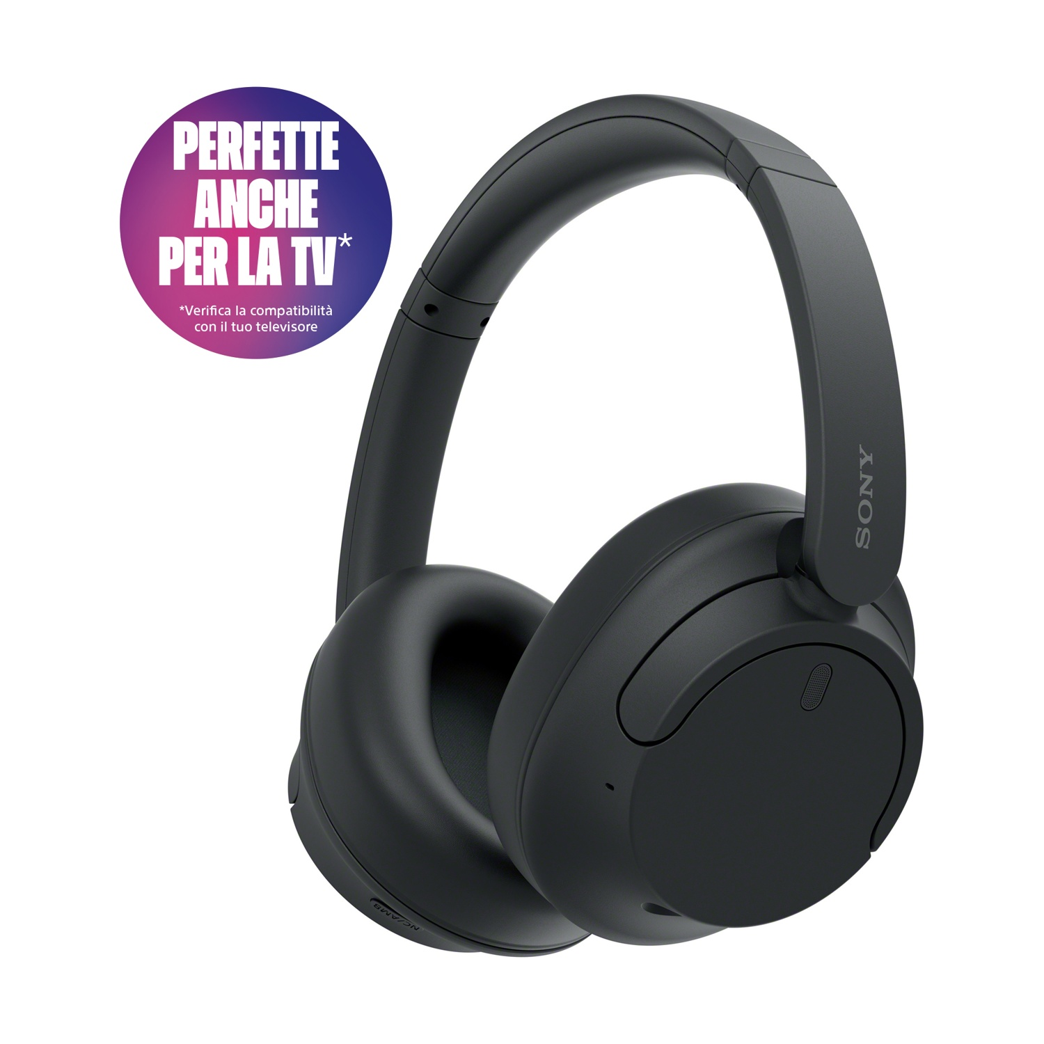 Cuffie Sony nere con fascia e padiglioni. Sullo sfondo un cerchio viola e blu con testo.
