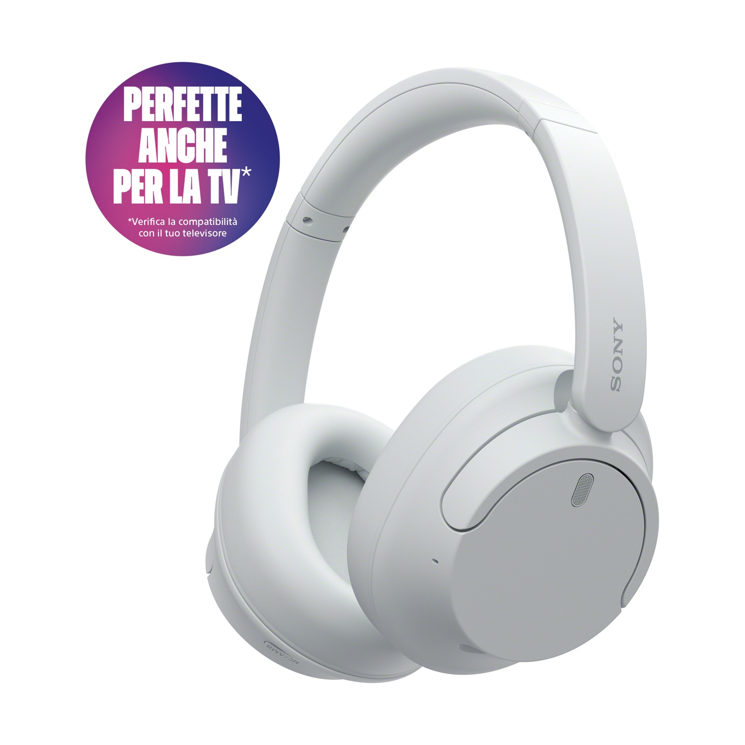 Cuffie Sony bianche con grafica circolare che recita 'PERFETTE ANCHE PER LA TV'.