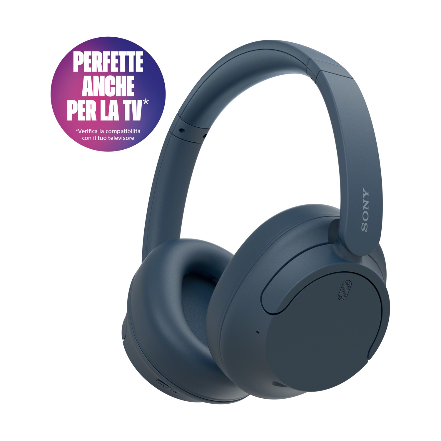 Cuffie Sony blu. Un cerchio viola e rosa con testo in italiano. Il testo recita 'Perfette anche per la TV'.
