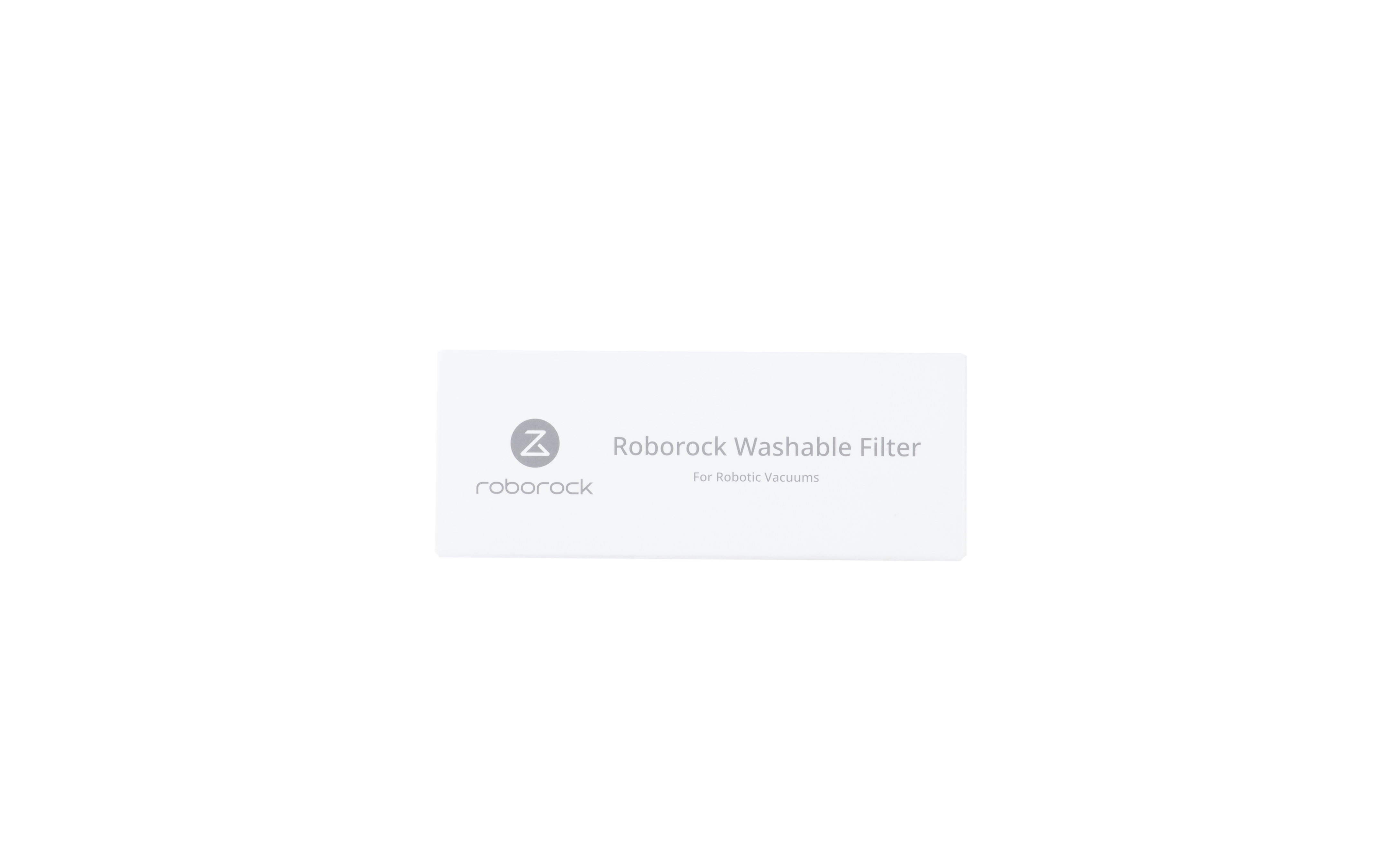 Weißer Hintergrund mit rechteckigem Etikett. Auf dem Etikett steht 'Roborock Washable Filter For Robotic Vacuums'.