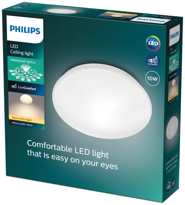 Philips LED mennyezeti lámpa doboza. Fehér, kerek, és szöveget tartalmaz olyan funkciókról, mint az EyeComfort és a meleg fehér fény.