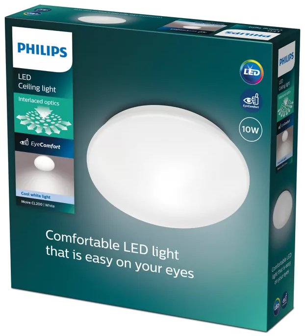 Philips LED mennyezeti lámpa doboz. Fehér lámpatest elöl. A szöveg a 'LED', 'EyeComfort' és 'Comfortable LED light' szavakat tartalmazza.
