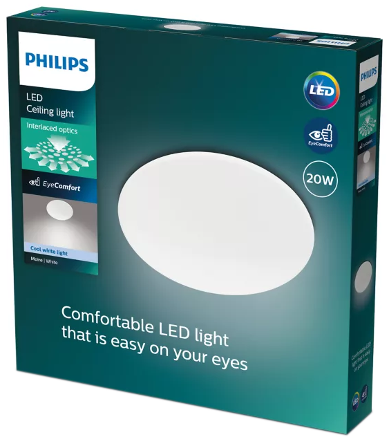Philips LED mennyezeti lámpa doboza. Fehér fény EyeComforttal. A funkciók közé tartozik a kapcsolt optika. A doboz türkiz és fehér.