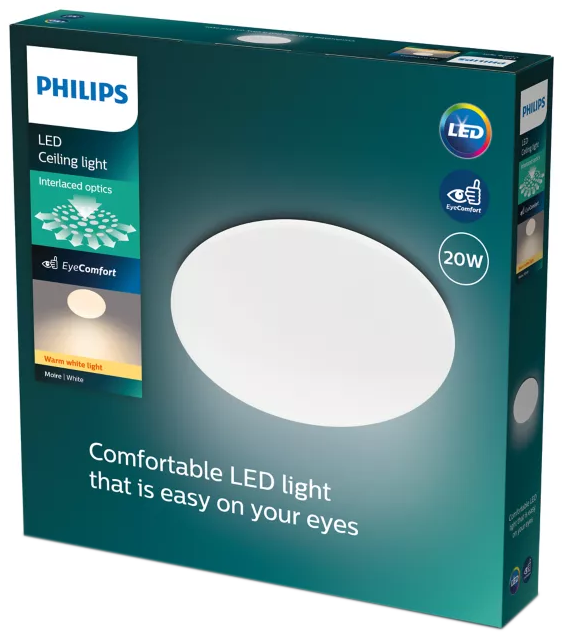 Philips LED mennyezeti lámpa doboza. Fehér lámpatest elöl, 'LED', 'EyeComfort' és '20W' szöveggel és logókkal.