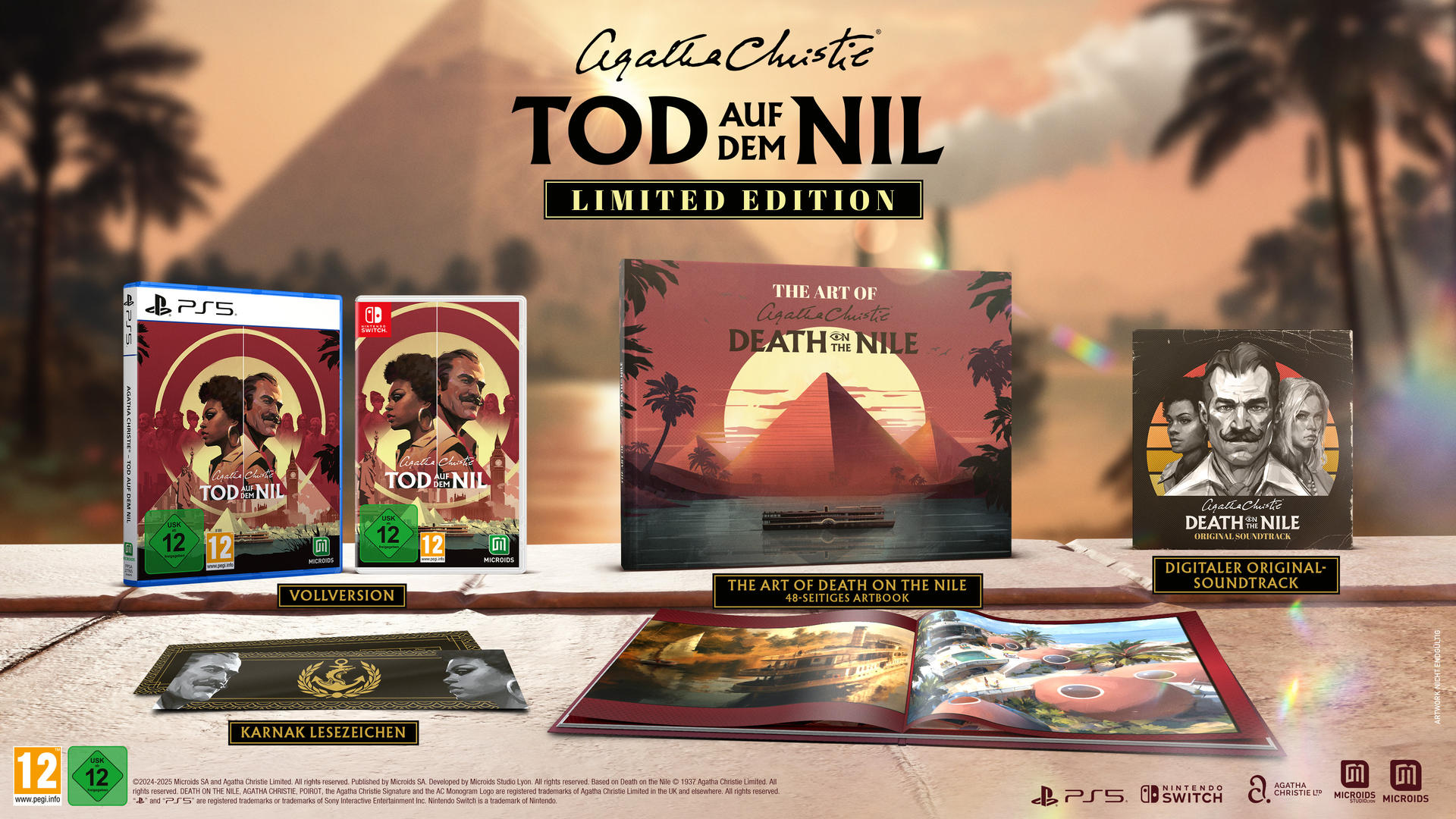 Werbebild für 'Tod auf dem Nil' mit Spielboxen, Artbook, Soundtrack und Karnak-Lesezeichen.