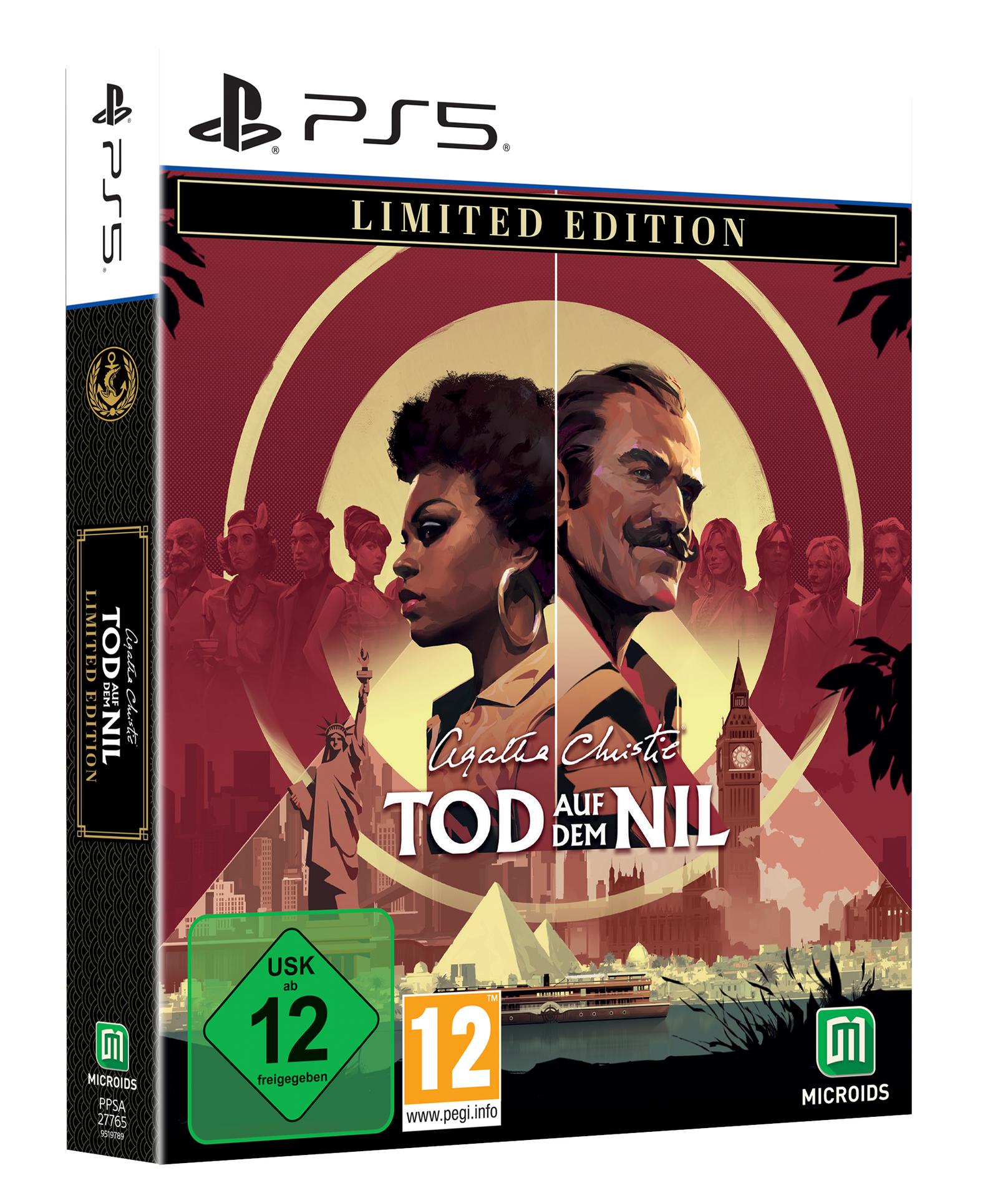 Spielbox: Agatha Christies Tod auf dem Nil. Zeigt zwei Personen, Freiheitsstatue, Big Ben und ein Boot.