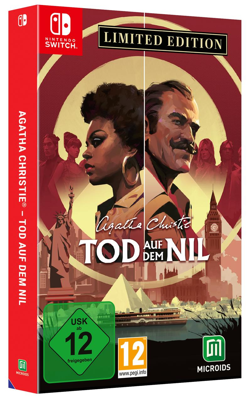 Spielbox-Art für 'Agatha Christie: Tod auf dem Nil'. Enthält Charakterporträts, Titel und eine Szene mit Pyramiden und einem Boot.